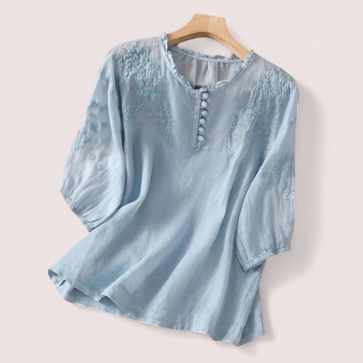 Linnea Stockholm | Blus i bomullsvoile med broderade axlar