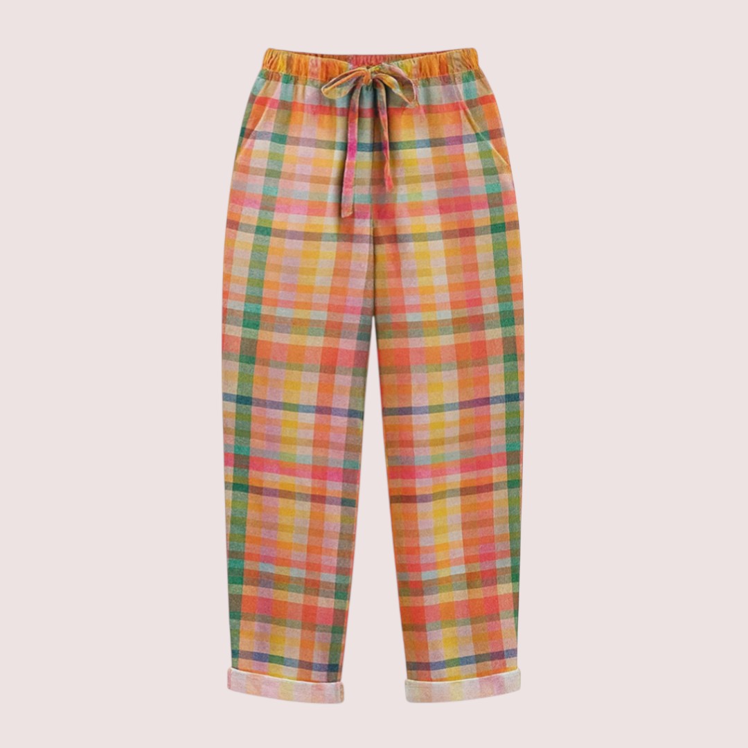 Linnea Stockholm | Rutiga byxor med resår i midjan och rosettknäppning