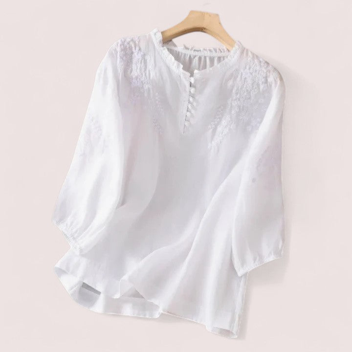 Linnea Stockholm | Blus i bomullsvoile med broderade axlar